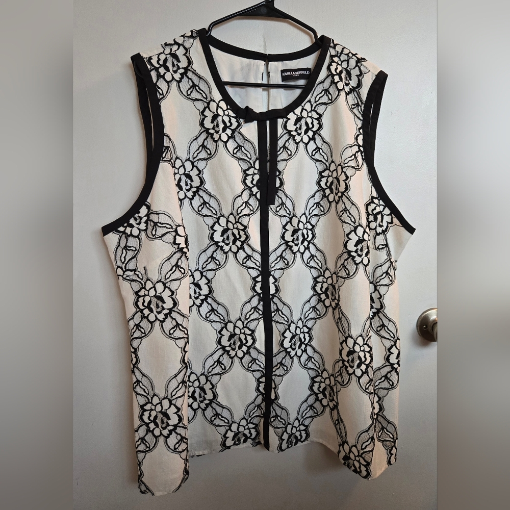 Karl Lagerfeld Paris Black & White Sleeveless Lace-Effect Top